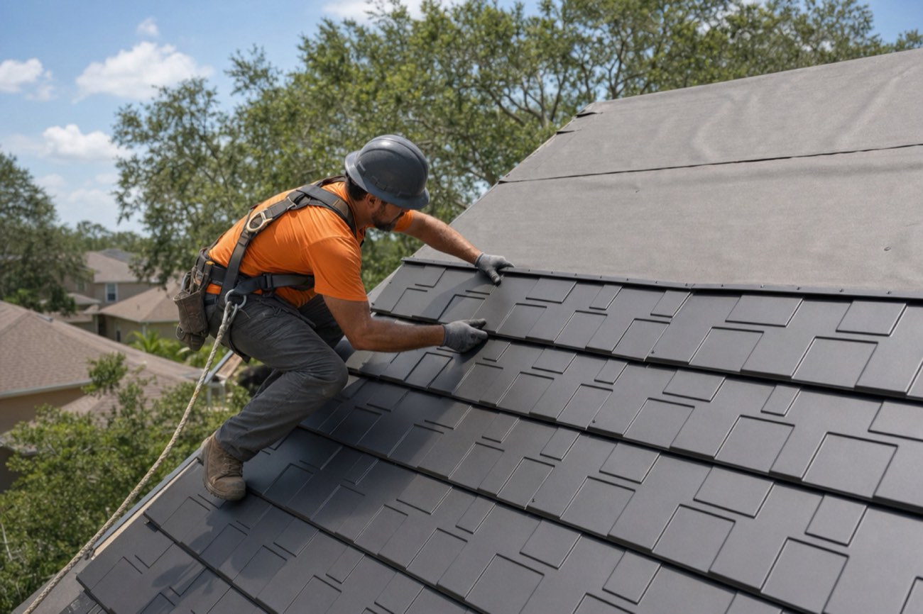 A roofer setting carbon-gray shingle-profile metal roof panels over synthetic underlayment