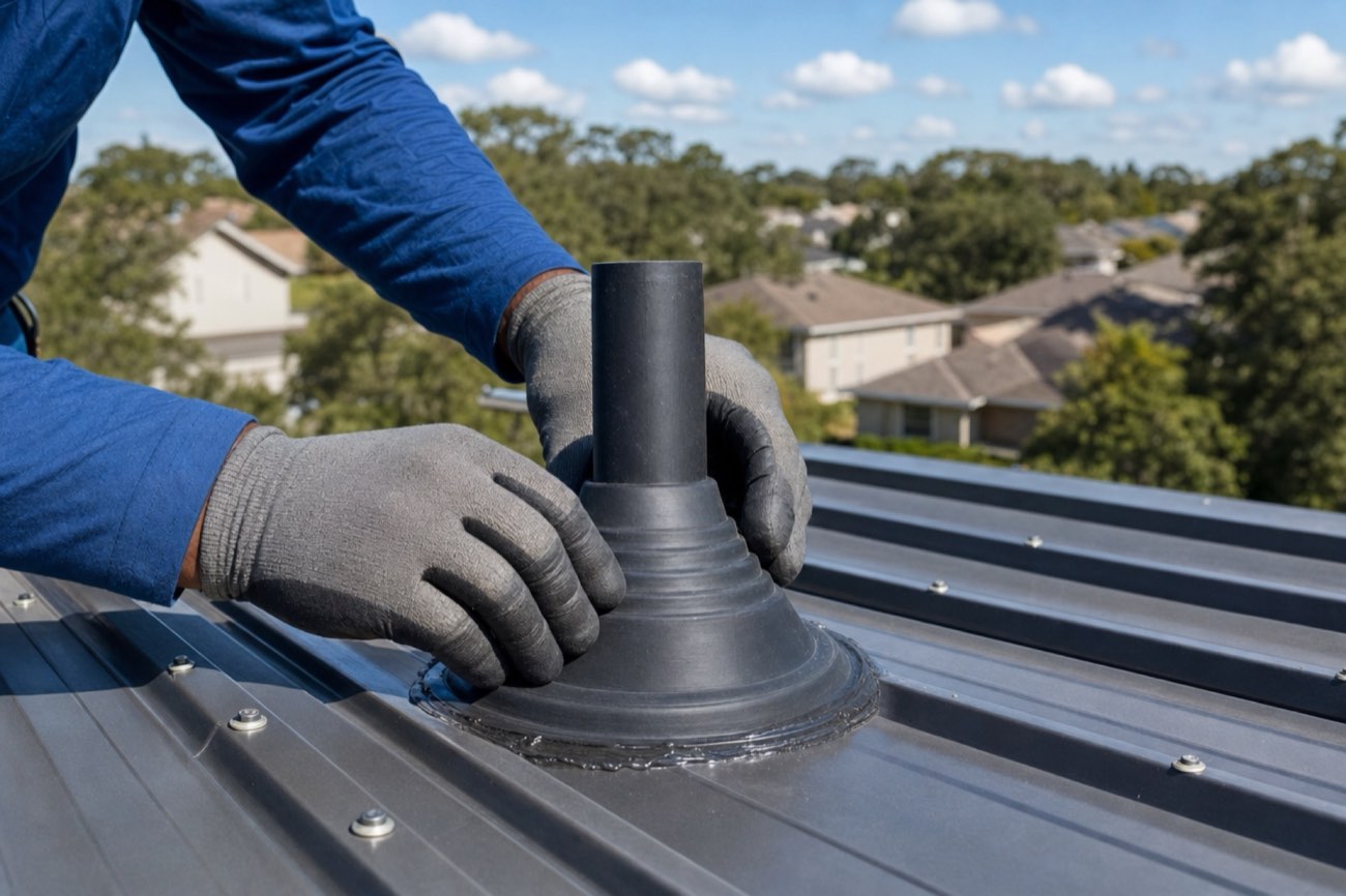 A roofer replacing a cracked pipe boot on an exposed-fastener metal roof