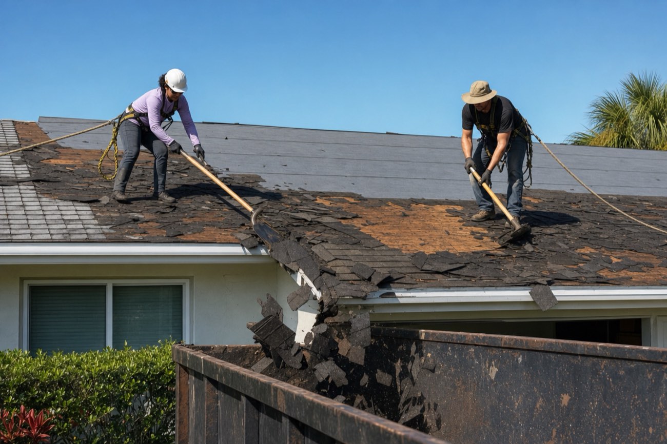 Two roofers in harnesses tearing off old asphalt shingles before a metal roof goes on